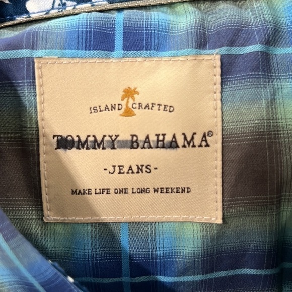 TOMMY Bahama Button Down Blue and Brown Short Sleeve Plaid Shirt size large - Picture 4 of 7